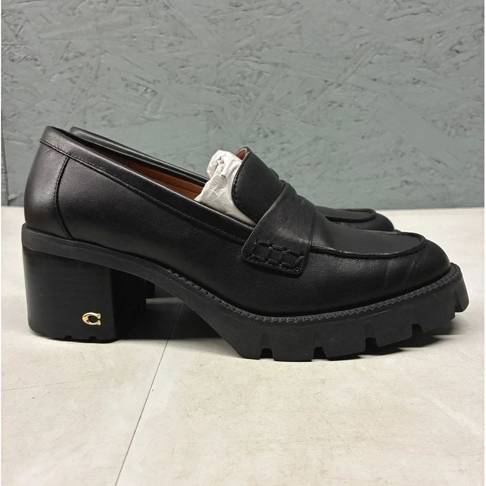 Coach Colleen Platform Lug Sole Loafers Womens 7 Black Leather CC948 Chunky